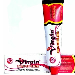 May include: A red and white tube of Virgin Hair Fertilizer and Hair Conditioning Cream. The tube is 125g and features a red flower logo. The text "Virgin Hair Fertilizer" is printed on the tube.