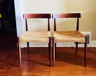 Two mid century teak dining chairs by arne hovmand olsen for mogens gold. danish teak chairs. price listed is for both chairs.