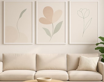 Botanical Line Art Prints Set of 3 : Sage Green Minimalist Decor (Digital Download