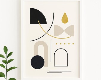 May include: Abstract art print in a white frame. The artwork features geometric shapes in black, gold, beige, and cream against a cream background. The design includes a black semi-circle, a gold teardrop, and a black circle.