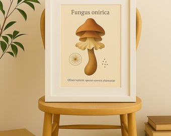 May include: A framed art print featuring a stylized illustration of a mushroom labeled "Fungus onirica." The artwork has a beige background with a brown and tan mushroom design. The text "Observatum: species somnū phantasiae" is at the bottom. The print is displayed on a wooden chair.