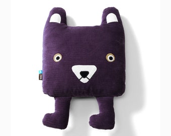 Cushion made of purple corduroy, soft toy bear Pelle made of ecological materials