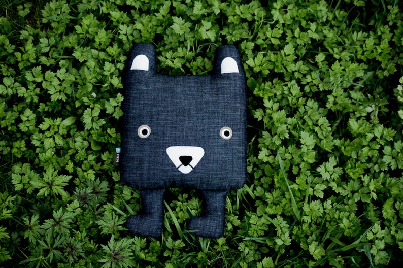 Pillow made of jeans dark blue, soft toy bear Pelle made of ecological material image 6