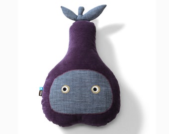 Cushion in purple corduroy, soft toy pear Helene in ecological material