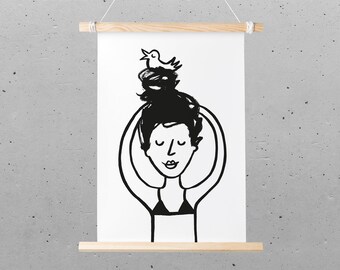 Postcard – mini poster, DIN A5, bird's nest, black and white illustration