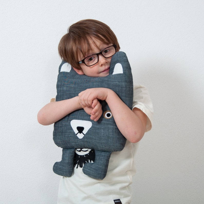 Pillow made of jeans dark blue, soft toy bear Pelle made of ecological material image 7