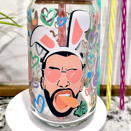 Libbey Glass Bad Bunny Sunflower 16oz Glass Can w/Bamboo Lid & Straw Iced Coffee Glass Easter Coffee Cup Beer Glass Can