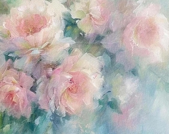 MAILED Giclée Art Print, Large Colorful Textured Painting, Abstract Gift Flowers Pink, Blue,Vintage Still Life Decor Victorian Roses Antique