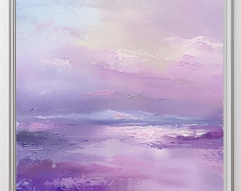 Seascape Art Print, Colorful Textured Painting, Large Abstract Art Gift with Purple, Rose, Lilac, Blue, Yellow, Colorful Home Decor Present