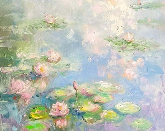 Colorful Abstract Art Shipped Large Print Painting,Giclée Monet Water Lilies,Canvas,Modern Impressionist Decor,Farmhouse Textured Gift Blue