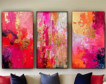 Set of 3 Wall Art Prints Large Textured Gift, Reds, Pink,Magenta,Gold,Black,White Colors, Abstract Painting,Impressionism Contemporary Decor