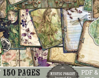 150 Journal Pages Kit,Seamless,Envelopes,Labels,Forest,Birds,Vintage,Tags,Printable,Scrapbook Craft,Nature,Trees,Shabby, Downloadable Double