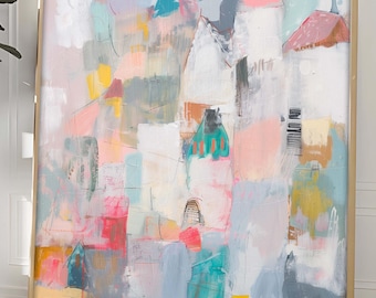 Large Art Wall Print SHIPPED, Colorful Abstract Painting, Giclée City Landscape, Canvas, Vintage Impressionist Decor,Farmhouse Textured Gift