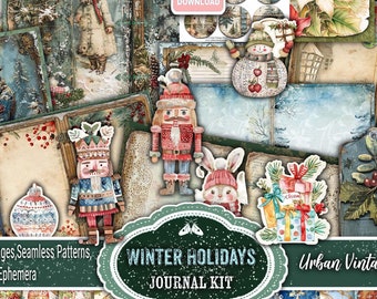 76 Christmas Winter Journal Decorative Holiday Pages Pack Printable, New Year,Kit, December, Red, Green, Gift, Traditional, Digital Download