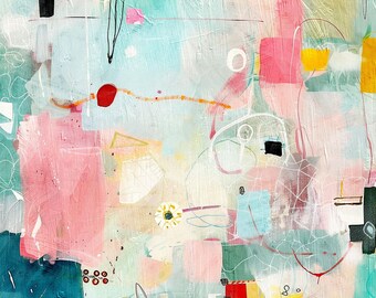 Large Shipped Artwork Abstract Print Modern Eclectic Boho Wall Decor, Colorful Art Canvas Textured Mailed Gift Coral Green Teal Painting