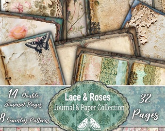 Vintage Lace & Roses Decorative Craft Collection,Printable Pages, Antique Wrapping Paper, Scrapbook Lace, Weathered Pack Kit, Shabby Journal