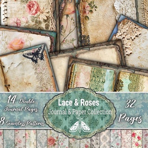 Vintage Lace & Roses Decorative Craft Collection,Printable Pages, Antique Wrapping Paper, Scrapbook Lace, Weathered Pack Kit, Shabby Journal