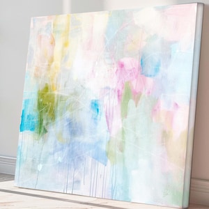 Abstract Pastel Art Print Shipped,Colorful Large Wall Painting #52, Pink Blue,Bright Horizontal Soft Nursery Preppy Aesthetic Textured Gift