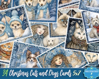 Blue Gold Christmas Cute Cats and Dogs Digital Winter New Year Cards Decorative Printable Gift Scrapbook Craft Vintage Pages Shabby Journal