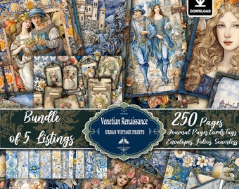 Venetian Renaissance 250 Pages Bundle, Digital,Printable Download,Journal Pages, Craft, Scrapbooking Ephemera Folios kit,Envelopes, Seamless