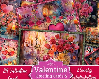 Valentine Happy Colorful Digital 5x7 Cards Seamless 18x18 Printable, Scrapbook Download Vintage Pages Journal Seamless Digital Collage Love