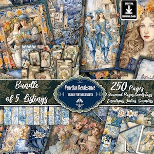 Puede incluir: Una hoja de collage digital con 250 p&aacute;ginas de dise&ntilde;os de inspiraci&oacute;n vintage. El collage presenta im&aacute;genes de personas con ropa de la &eacute;poca del Renacimiento, castillos, flores y m&aacute;scaras. El texto "Venetian Renaissance" y "Urban Vintage Prints" est&aacute; incluido en la imagen.