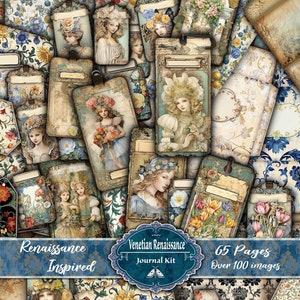 65 pagine di ispirazione rinascimentale italiana, Ephemera, Folio con tasche, buste, kit diario stampabile, pacchetto di carta, album di ritagli, download digitale