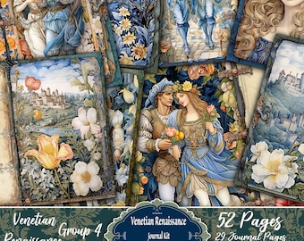 Venetian Renaissance Group4, Digital Collage, Printable Download, Journal Pages, Craft, Scrapbooking Ephemera Kit, Italian Colors, Seamless