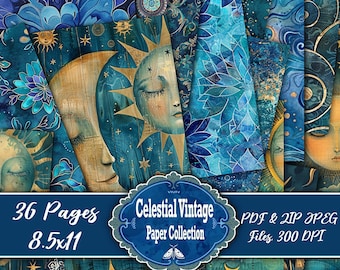 Celestial Digital Vintage Paper, Watercolor Galaxy Scrapbook Background Cards, Zodiac, Ephemera, Journal Pack,Scrapbook,Download Textures,