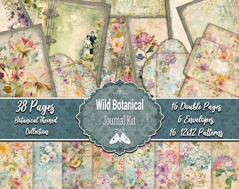 38 Shabby Botanical Journal and Seamless Vintage Pages, Weathered, Digital Decorative,Printable Kit,Wrapping, Scrapbook,Antique Craft Colors