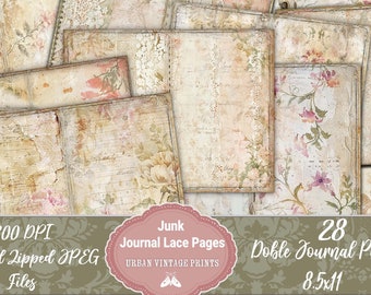 Junk Journal Vintage Lace Paper Pack, 28 Decorative Double Printable Pages, Neutral, Floral Pastel,Antique Wrapping,Scrapbook,Shabby Instant