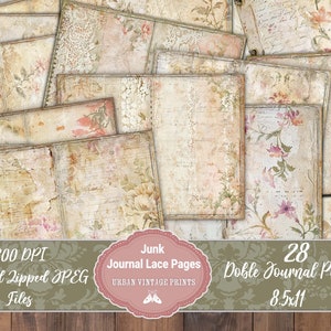 Junk Journal Vintage Lace Paper Pack, 28 dekorative doppelte bedruckbare Seiten, Neutral, Floral Pastell, Antique Wrapping, Scrapbook, Shabby Instant