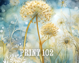 Summer Garden Dandelions Vintage Painting | Blue Yellow Flower Garden Painting | Modern Retro Whimsical Wall Art Decor | PRINTABLE | No. 102