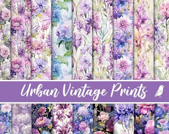 Seamless Purple Blue Mauve Pink Digital Papers, Seamless Printable, Wild Floral Scrapbook Craft, 20 Collage Vintage Flowers Shabby Journal
