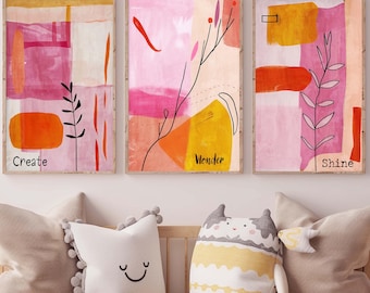Set of 3 Wall Art Prints,Contemporary Decor Poster,Pink,Magenta,Yellow, Black,Abstract Painting,Large Textured Gift,Minimalist Inspirational
