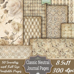50 Junk Journal Neutral Vertikal Vintage Antik Dekorative Printable Abgenutzt Muster Seiten Pack Handwerk Digitale Papiere Instant Download Pastell