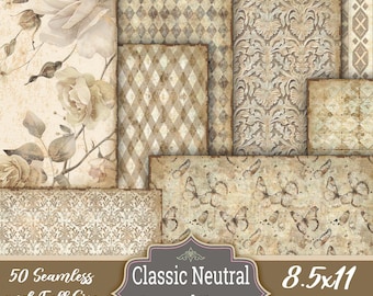 50 Junk Journal Neutral Vertical Vintage Antique Decorative Printable Worn Patterns pages Pack Craft Digital Papers  Instant Download Pastel