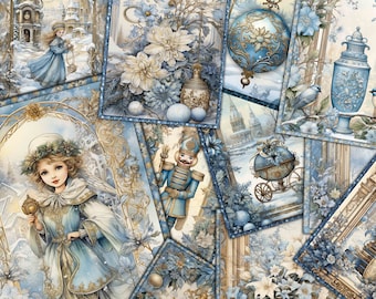 Blue White Gold Christmas Winter Paper Pack, Decorative Printable, Antique Wrapping, Scrapbook Craft, Vintage Digital Pages, Shabby Journal
