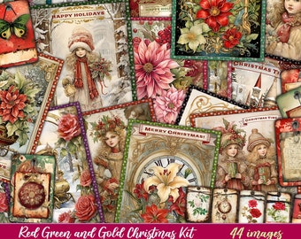 Red Green Gold Christmas Holiday Winter New Year Digital Cards, Envelopes, Tags, Printable, Scrapbook Craft, Vintage Pages Shabby Journal