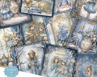 Blue Gold Christmas Holiday Winter Paper Pack, Decorative Printable, Antique Wrapping, Scrapbook Craft, Vintage Digital Pages Shabby Journal