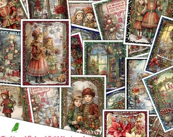 Red Gold Traditional Christmas Holiday Winter New Year Digital Cards, Decorative Printable, Antique, Scrapbook Craft, Vintage Shabby Journal