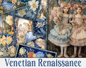 Venetian Renaissance Group2, Digital Collage, Printable Download, Journal Pages, Craft, Scrapbooking Ephemera Kit, Italian Colors, Printout