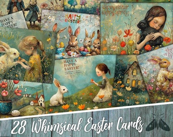 28 Easter Greeting Cards Journal Digital Whimsical Vintage Paper Decorative Printable, Spring Rabbits,Wrapping,Scrapbook,Shabby Chic Instant