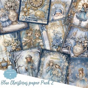 Blue Gold Christmas Holiday Winter Paper Pack, Decorative Printable, Antique Wrapping, Scrapbook Craft, Vintage Digital Pages Shabby Journal