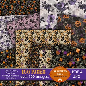 Op de afbeelding: Een digitaal papierpakket met 100 pagina's en meer dan 300 afbeeldingen met verschillende bloemenpatronen in tinten paars, oranje en zwart. De tekst "100 PAGES over 300 images" en "BEAUTIFUL FALL Journal Kit" is zichtbaar in de afbeelding.