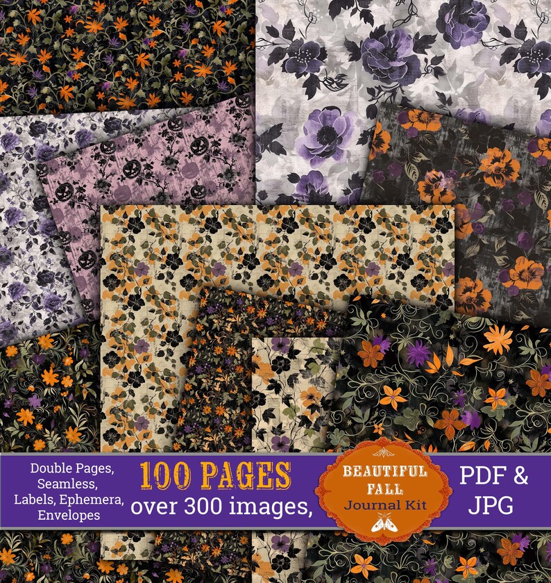 Op de afbeelding: Een digitaal papierpakket met 100 pagina's en meer dan 300 afbeeldingen met verschillende bloemenpatronen in tinten paars, oranje en zwart. De tekst "100 PAGES over 300 images" en "BEAUTIFUL FALL Journal Kit" is zichtbaar in de afbeelding.