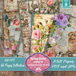 Pu&ograve; includere: Un kit di diario digitale di Pasqua primaverile con carte in stile vintage. Le carte presentano illustrazioni floreali e di conigli, con rose, uova e scritte, con un'estetica invecchiata. Il kit include 66 pagine, carte da 21,59 x 27,94 cm in formati PDF e JPG.