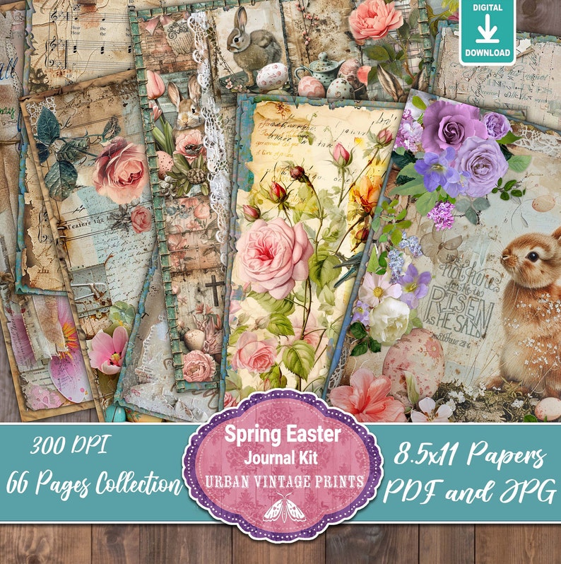 Pu&ograve; includere: Un kit di diario digitale di Pasqua primaverile con carte in stile vintage. Le carte presentano illustrazioni floreali e di conigli, con rose, uova e scritte, con un'estetica invecchiata. Il kit include 66 pagine, carte da 21,59 x 27,94 cm in formati PDF e JPG.