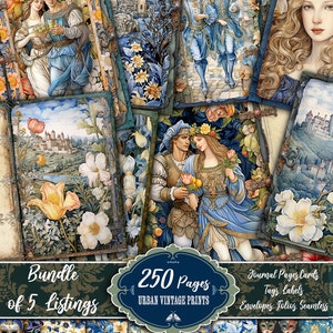 Puede incluir: Una hoja de collage digital con 250 p&aacute;ginas de estampados vintage con ilustraciones de parejas con ropa medieval, flores y castillos. El texto "Bundle of 5 Listings" y "250 Pages Urban Vintage Prints" est&aacute; incluido en la imagen.
