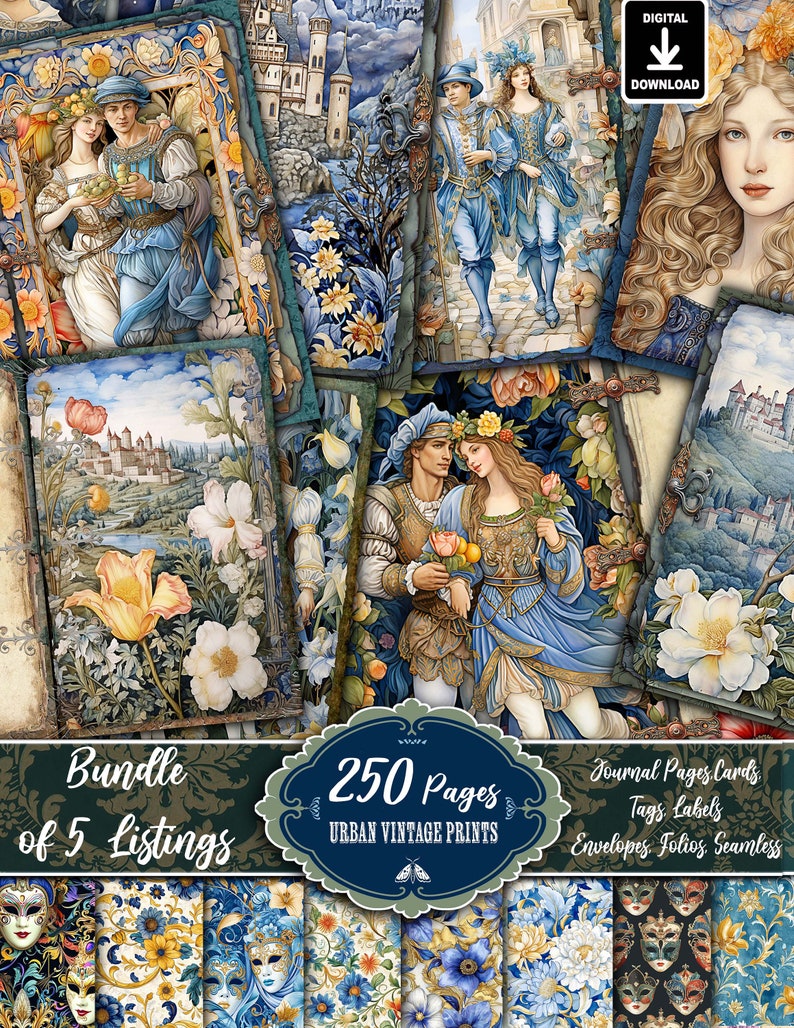 Puede incluir: Una hoja de collage digital con 250 p&aacute;ginas de estampados vintage con ilustraciones de parejas con ropa medieval, flores y castillos. El texto "Bundle of 5 Listings" y "250 Pages Urban Vintage Prints" est&aacute; incluido en la imagen.